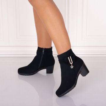 Botine Dama Imblanite cu toc Negre din Piele Ecologica Intoarsa Jomya