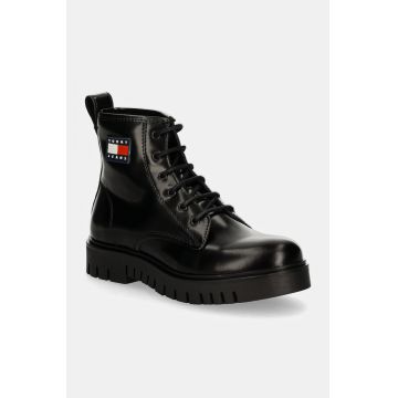 Tommy Jeans bocanci de piele TJW LACE UP BOOT femei, culoarea negru, cu platforma, EN0EN02624