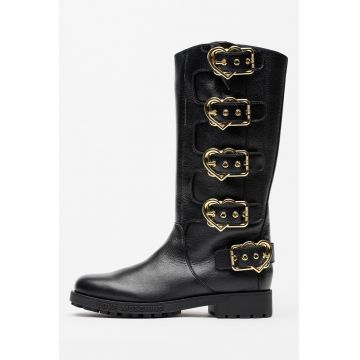 Cizme medii din piele cu catarame