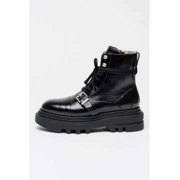 Ghete din piele cu bareta decorativa si sireturi