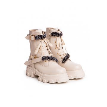 Bocanci din piele cu garnituri decorative - incrustrate cu strasuri Nadia