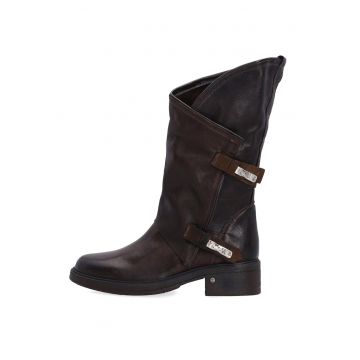 Botine maro din piele cu caramb asimetric