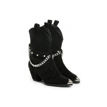 Ciocate Bushra Piele Intoarsa Neagra cu Accesorii Argintii