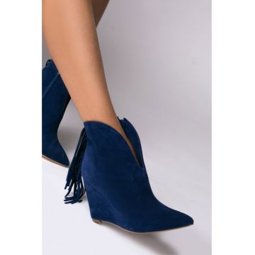 Cizme tip ciocate Navy Breeze piele intoarsa bleumarin cu franjuri