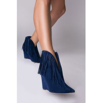 Cizme tip ciocate Nemesis piele intoarsa bleumarin cu franjuri