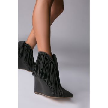 Cizme tip ciocate Nemesis piele intoarsa gri inchis cu franjuri