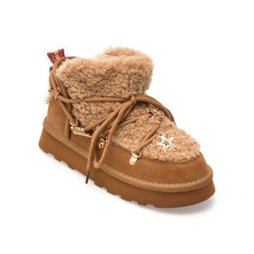 Ghete O-JOO maro, BRITNEY FUR, din material textil si piele naturala