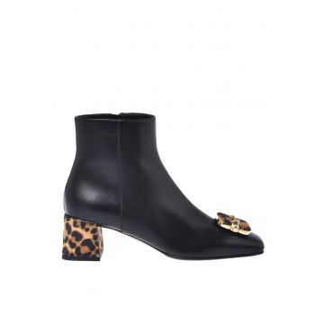 Botine din piele cu toc si detalii cu animal print
