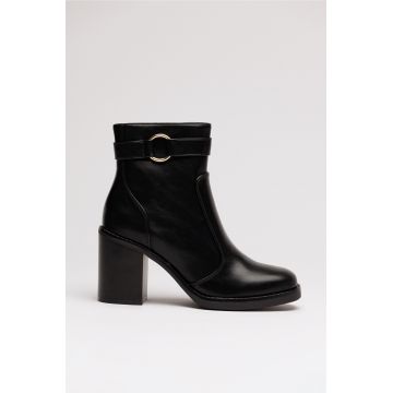 Botine negre din piele ecologica de dama cu toc patrat si catarama