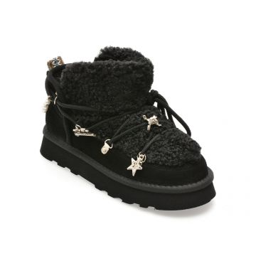 Ghete O-JOO negre, BRITNEY FUR, din material textil si piele naturala