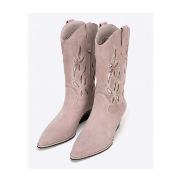 Botine dama -  cowboy - piele intoarsa - bej - slip-on