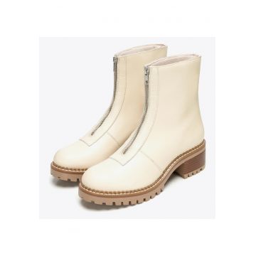 Botine dama  piele naturala - crem - talpa groasa - fermoar fata