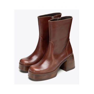 Botine dama  piele naturala - maro - platforma inalta - toc gros