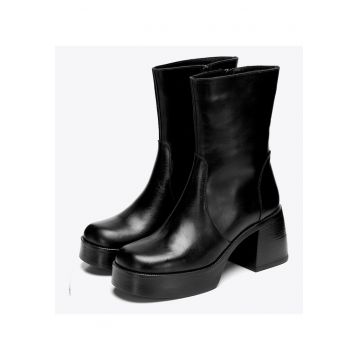 Botine dama  piele naturala - negru - platforma inalta - toc stabil