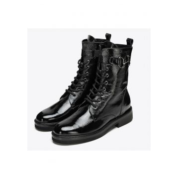 Botine dama  piele naturala - negru - toc plat - curea decorativa