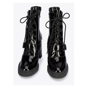 Botine dama -  piele naturala - toc gros lacuit - negru - cu catarama