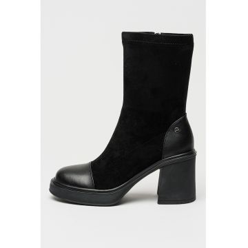 Botine de piele ecologica si material textil cu toc masiv
