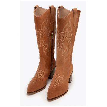 Ghete dama -  cowboy - piele intoarsa - brodate - maro