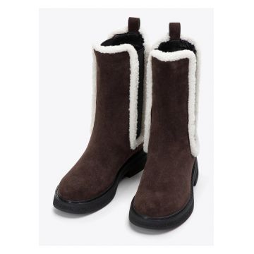 Ghete dama -  piele intoarsa - captuseala din blana artificiala - maro inchis