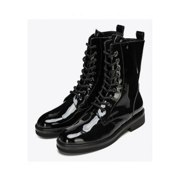 Ghete dama  piele naturala lacuita - negru - design elegant - varf migdalat