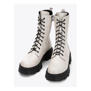 Ghete dama  piele naturala - platforma groasa - crem - cu sireturi si fermoar