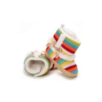 Cizmulite colorate - cu dungi curcubeu - blanita alba si fundita eleganta - Multicolor