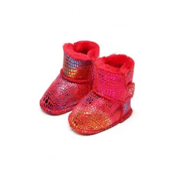 Cizmulite pentru bebelusi - rosii - cu design stralucitor si blanita pufoasa - Rosu