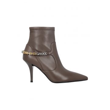 Botine de piele cu varf ascutit si garnituri de piele ecologica - Maro inchis