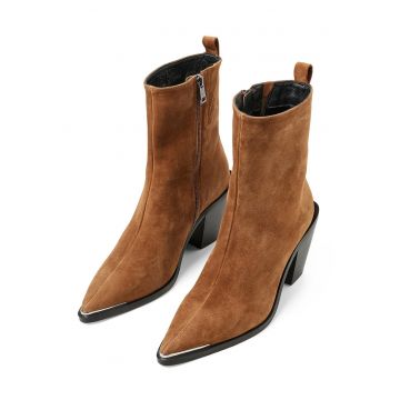 Botine din material textil cu toc masiv - Caramel