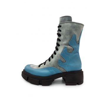 Ghete din piele si piele nabuc cu toc masiv - Gri/Albastru
