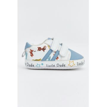 Pantofi crib cu barete cu inchidere velcro - Alb/Albastru pastel