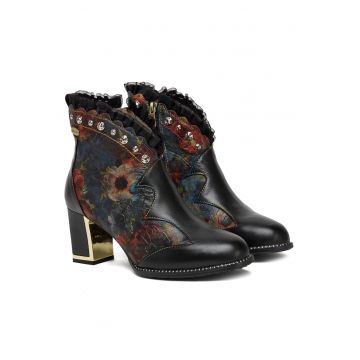 Botine dama Kacio 07 -  Piele naturala - Floral - Negu
