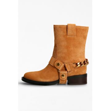 Ghete biker de piele intoarsa - Caramel
