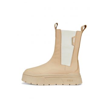 Ghete Chelsea de piele cu segmente din material textil Mayze Stack - Maro nisip