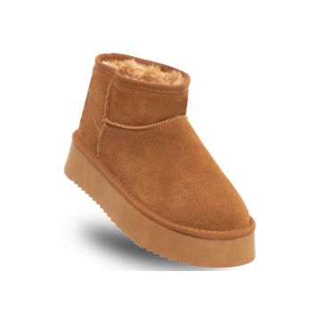 Ghete dama -  HUGH PLATFORM - maro deschis - piele naturala - material textil