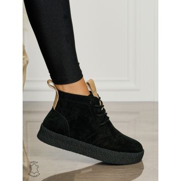 Ghete Dama Piele Naturala INTOARSA IMBLANITE CRL1457 NEGRU SUEDE
