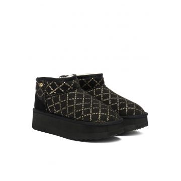 Ghete de zapada pentru femei -  flatform - negru - piele naturala intoarsa si material textil -