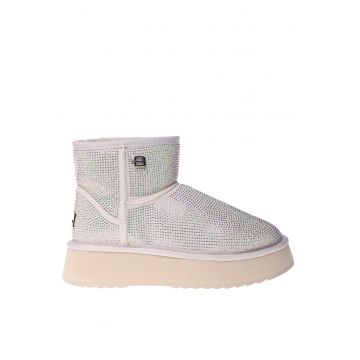 Ghete flatform slip-on de piele intoarsa cu strasuri - Alb murdar