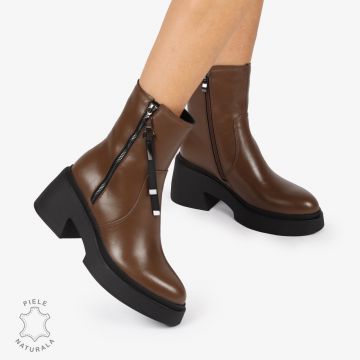 BOTINE DIN PIELE NATURALA cu Fermoar lateral si toc gros CRL1243 Maro