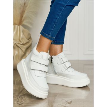 Ghete casual din piele naturală cu talpa solida cu Velcro si fermoar CRL1512ALB