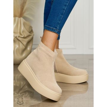 Ghete casual din piele naturală intoarsa cu talpa solida cu fermoar CRL1511 BEJ