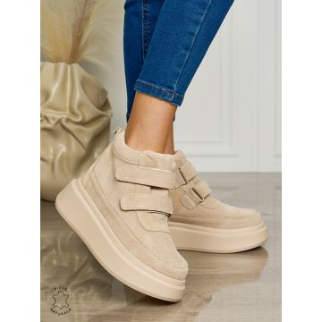 Ghete casual din piele naturală intoarsa cu talpa solida Velcro si fermoar CRL1512 BEJ SUEDE