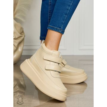 Ghete casual din piele naturală talpa solida cu Velcro si fermoar CRL1512 BEJ