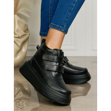Ghete casual din piele naturală talpa solida cu Velcro si fermoar CRL1512 NEGRU
