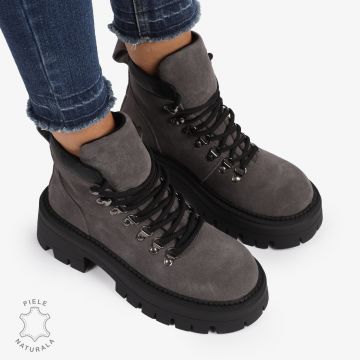 Ghete DAMA din PIELE Naturala Intoarsa Tip Combat Boot CRL1240 GRI