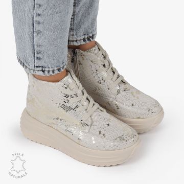 GHETE DAMA piele naturala INTOARSA cu IMPRIMEU SARPE CRL1309BEJ