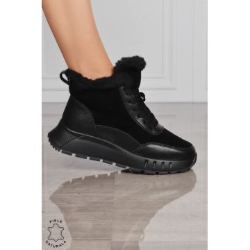 GHETE DAMA scurte din PIELE Naturala Combinata cu Piele intoarsa CRL1528 Negru
