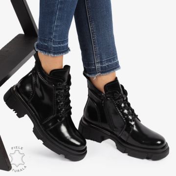 GHETE PIELE NATURALA LACUITA cu Varf rotund CRL1239 Negru