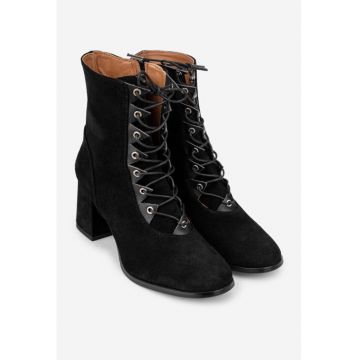 Botine dama din piele intoarsa neagra cu toc