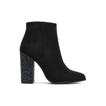 Botine dama -  material sintetic - negru - toc gros - inchidere cu fermoar -